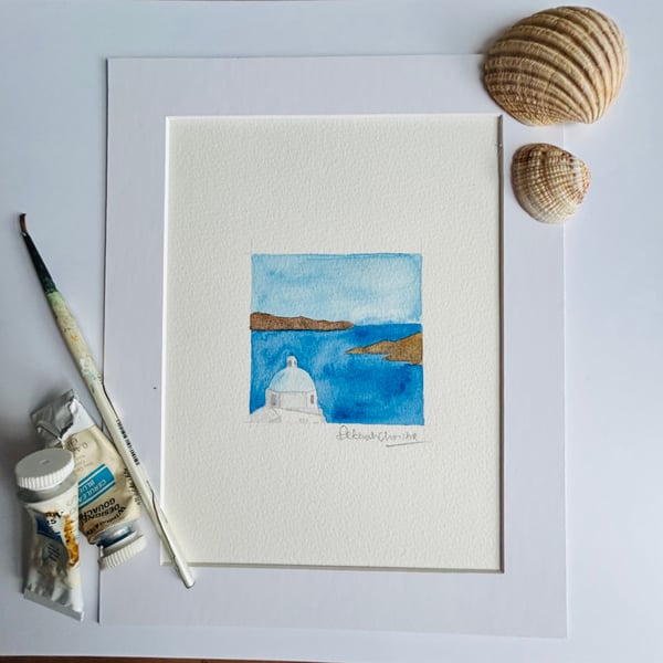 Greek watercolour church and sea