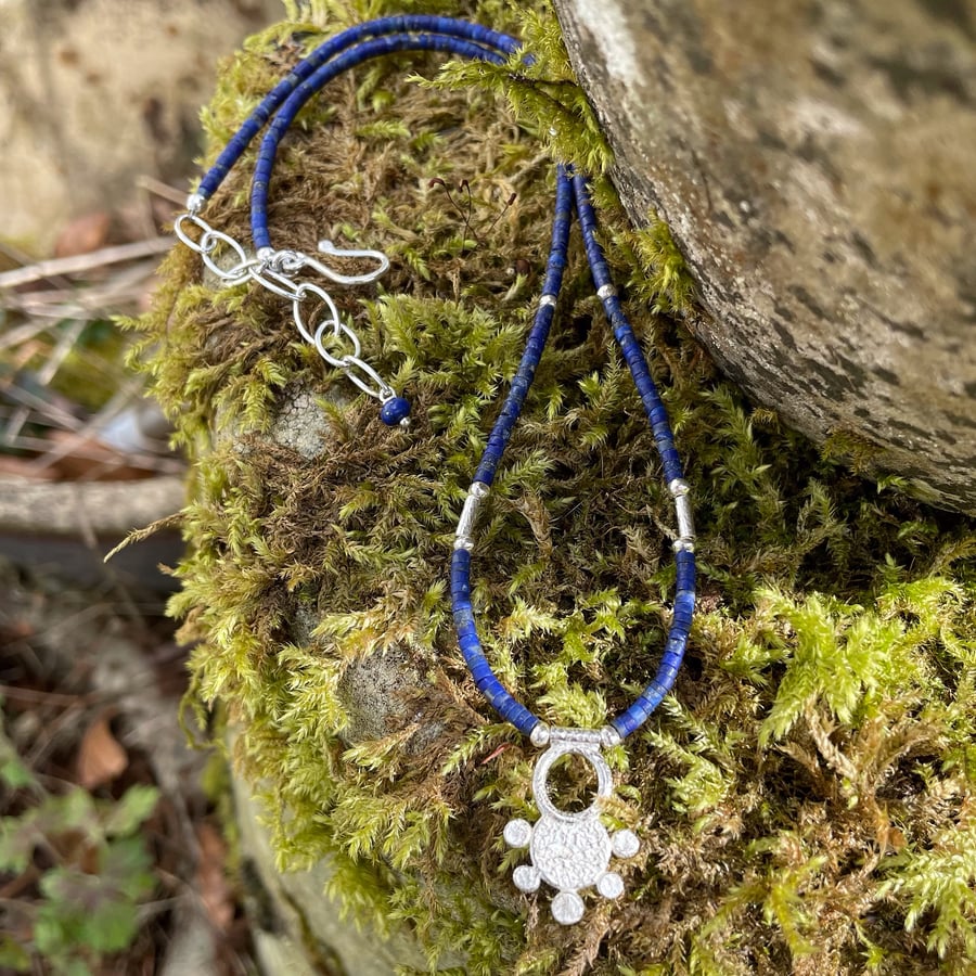 Sterling silver and lapis lazuli sun Necklace