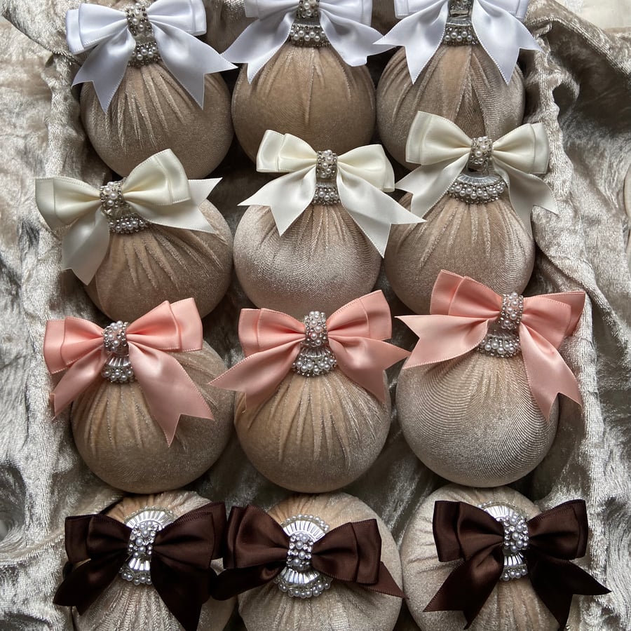 Luxury champagne velvet baubles with accent bows x12