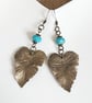 Bohemian brass leaf earrings with aqua blue Czech glass beads - Image 2