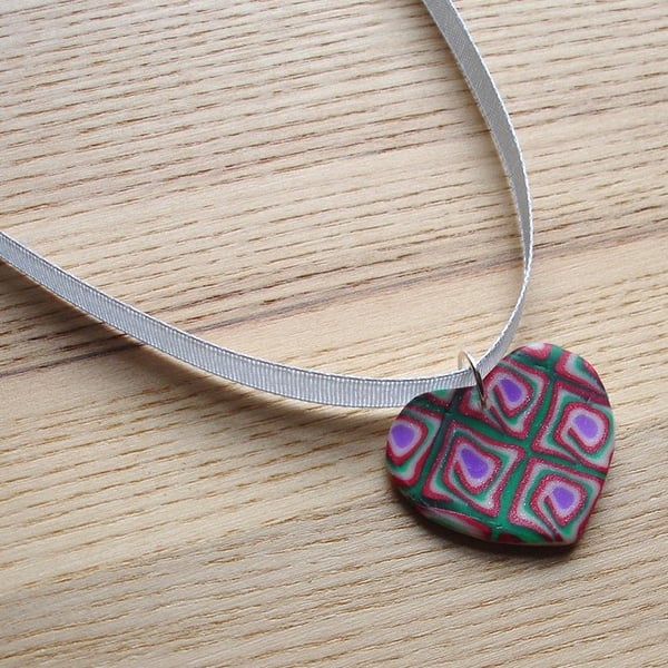 Red and Green Squares Heart FIMO Polymer Clay Pendant