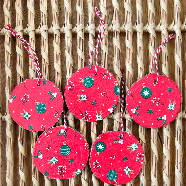 Wooden Christmas decorations - set of 5 decoupage ornaments - tree decorations
