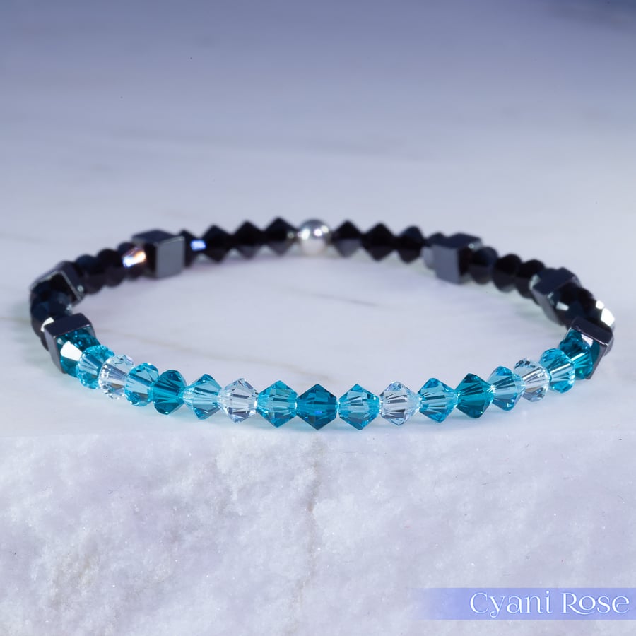 Swarovski and Hematite stretch beaded bracelet turquoise black