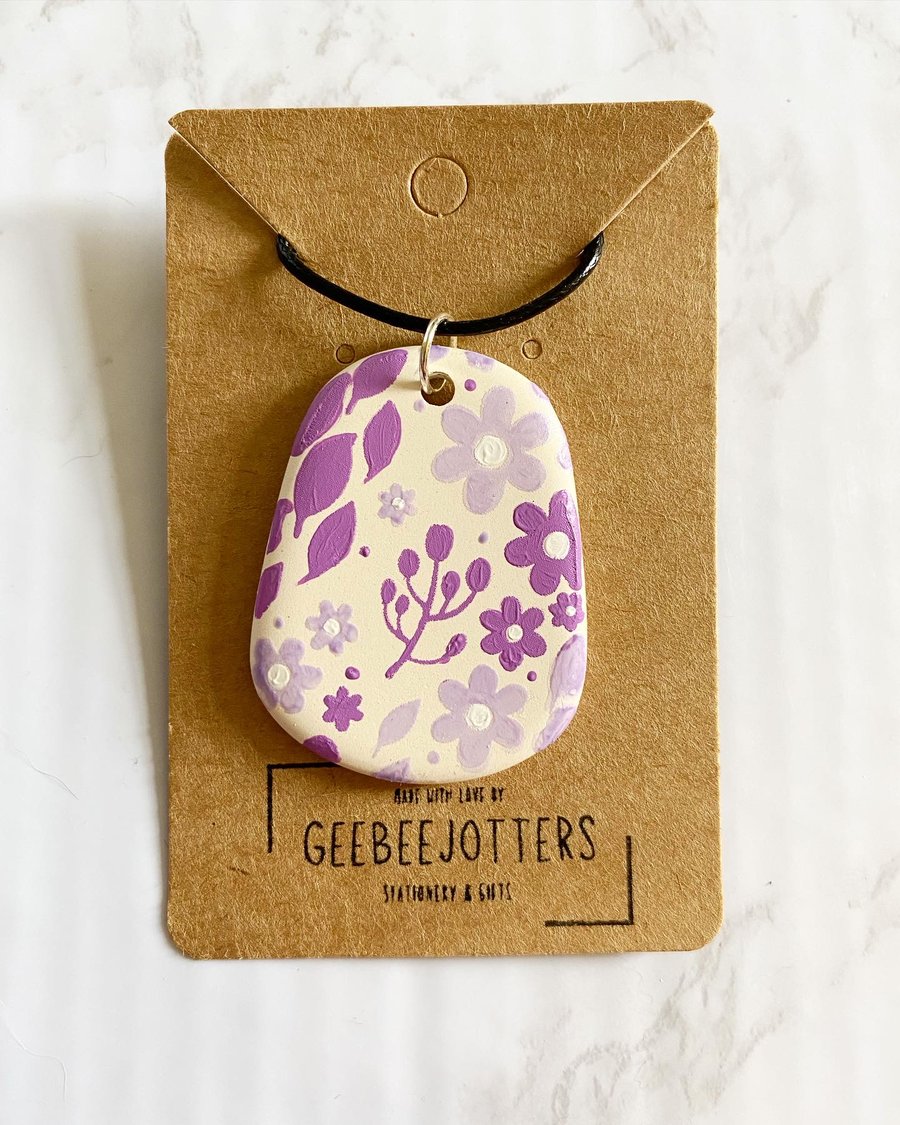 Purple Flower Print Hand Painted Ceramic Pendant Necklace