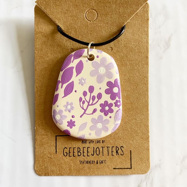 Purple Flower Print Hand Painted Ceramic Pendant Necklace