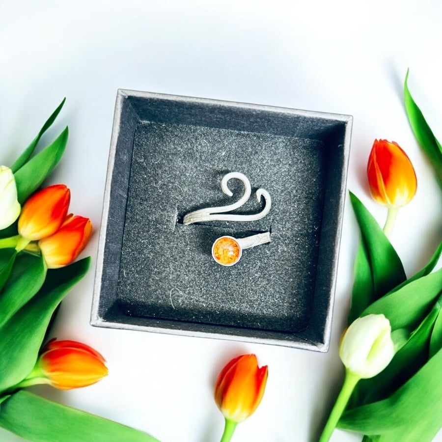 Sterling Silver Amber Ring - Gift Boxed - Size Q-R Adjustable Asymmetrical