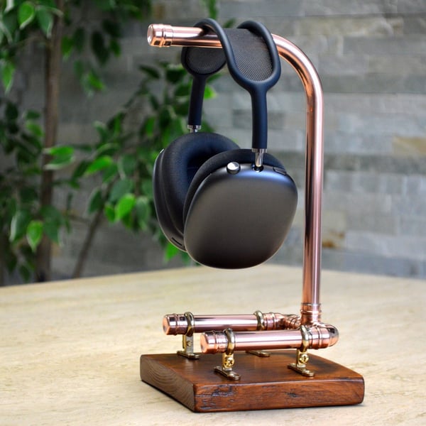 Handmade Copper & Wood Headphone Stand With Brass Fittings