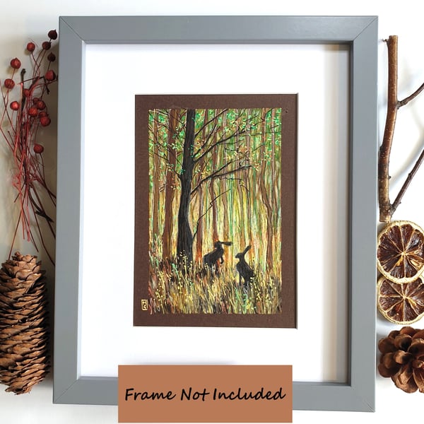 Hares in an Autumn Forest Landscape, small original drawing, wall art