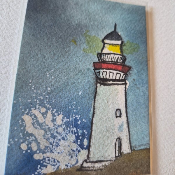 ACEO original watercolour painting collectable art card lighthouse 