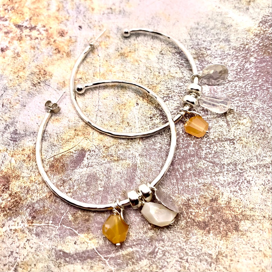 Silver Moon & Fire Opal Charm Hoops