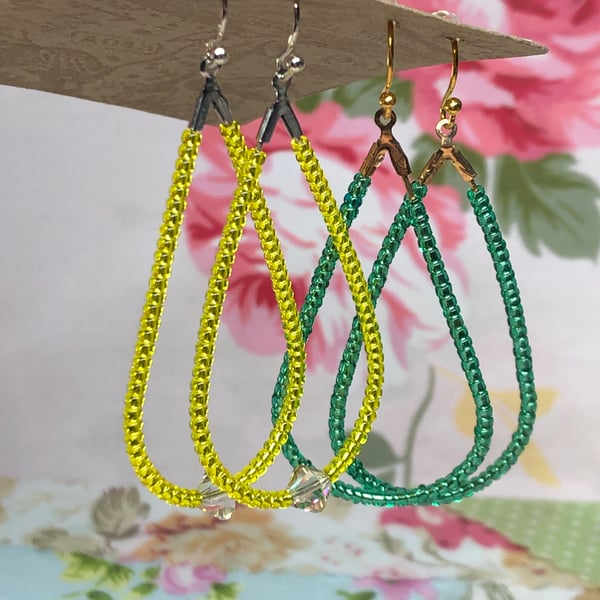 Green and yellow crystal hoop earrings 