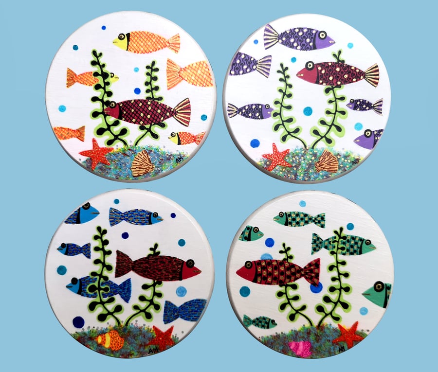 Handmade Unique Wooden 'Fishes' Coaster Set.