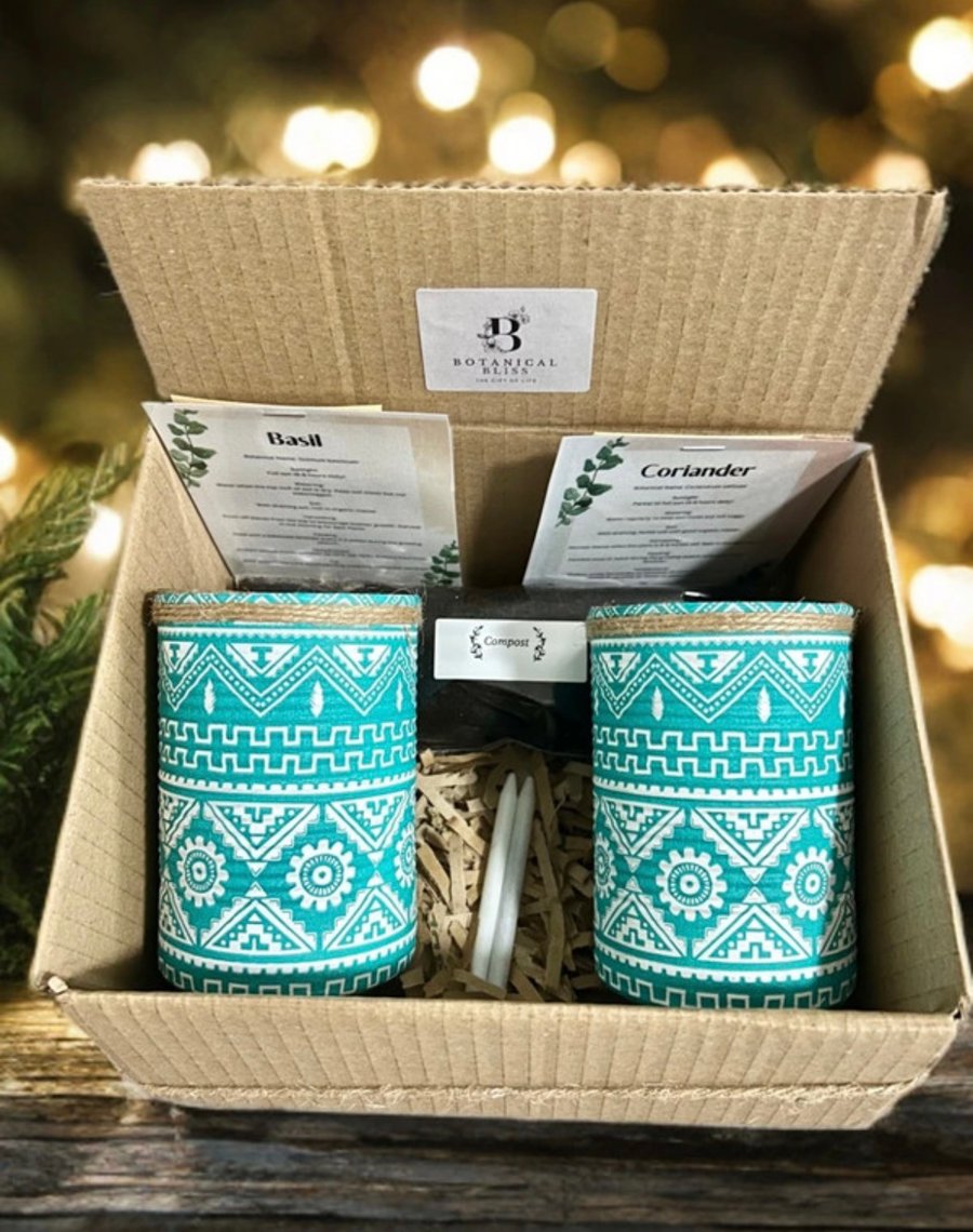 Boho Aztec Teal Handmade Recycled Eco-Friendly Indoor Kitchen Herb Gift Set