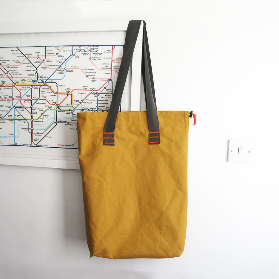 Large Canvas Drawstring Tote Bag, Ochre Cotton 002