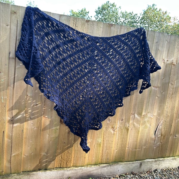 Handmade Soft Navy Blue Merino Lace Triangle Shawl Wrap