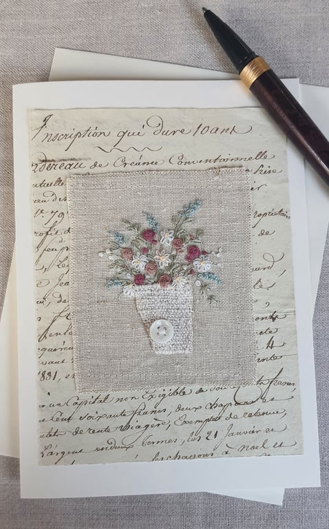 Hand embroidered blank greetings card