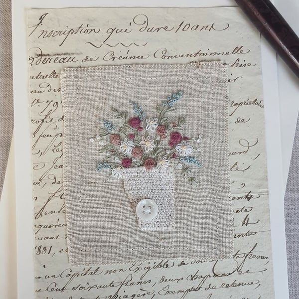 Hand embroidered blank greetings card