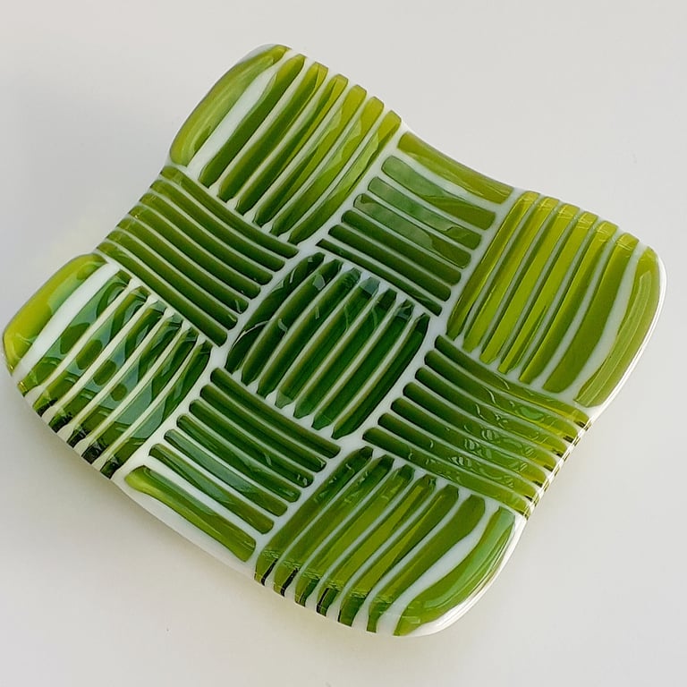 Fused glass striped squares chunky dish, transparent lime green and white