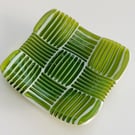 Fused glass striped squares chunky dish, transparent lime green and white