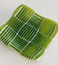 Fused glass striped squares chunky dish, transparent lime green and white