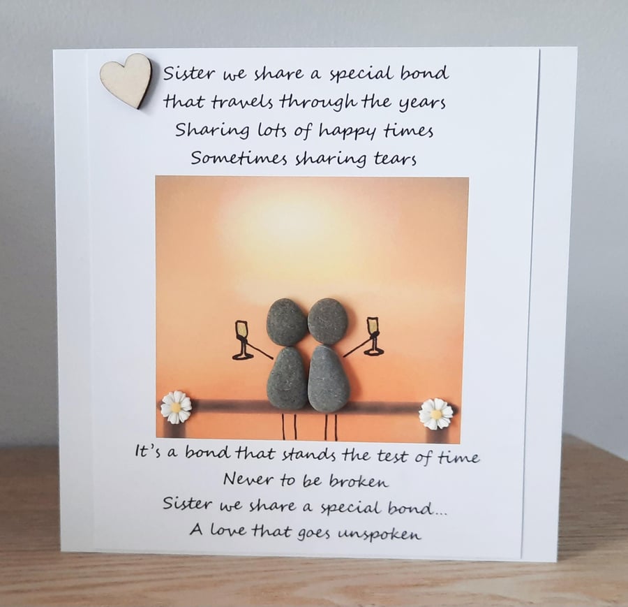 Handmade Pebble Art Sister Card: Birthday, Poem Card
