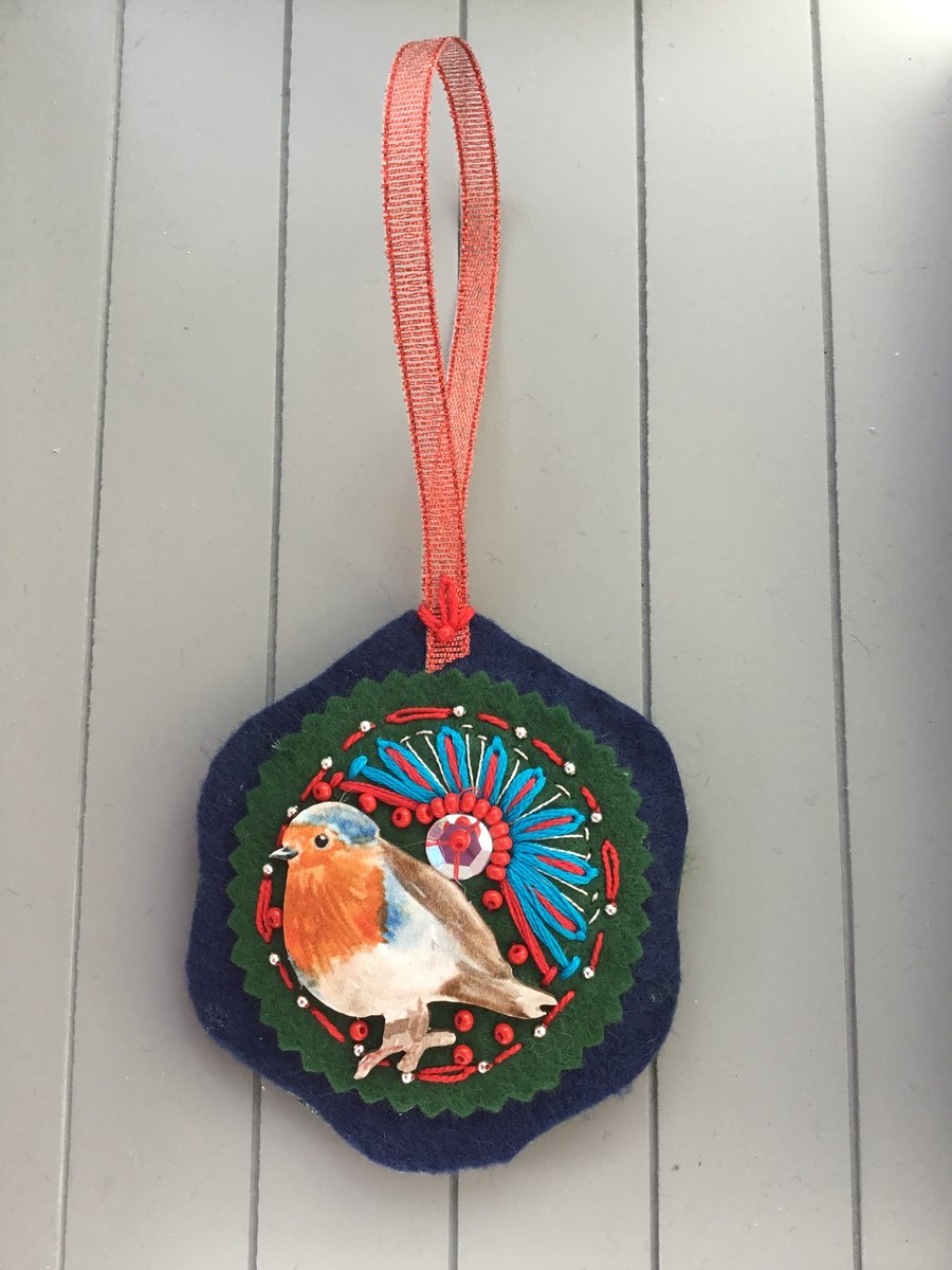 Hand Embroidered Christmas Robin Decoration 
