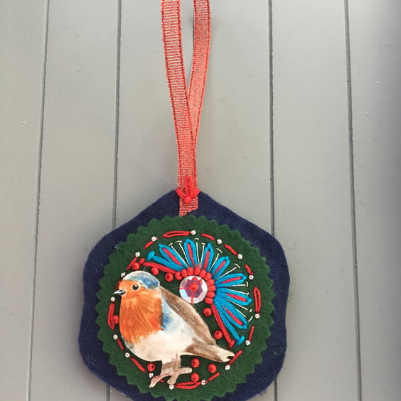 Hand Embroidered Christmas Robin Decoration 