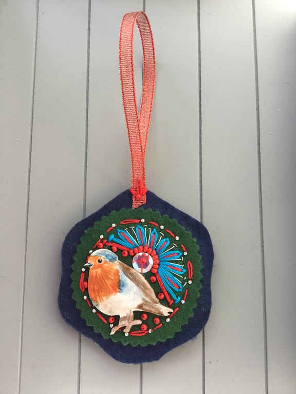 Hand Embroidered Christmas Robin Decoration 