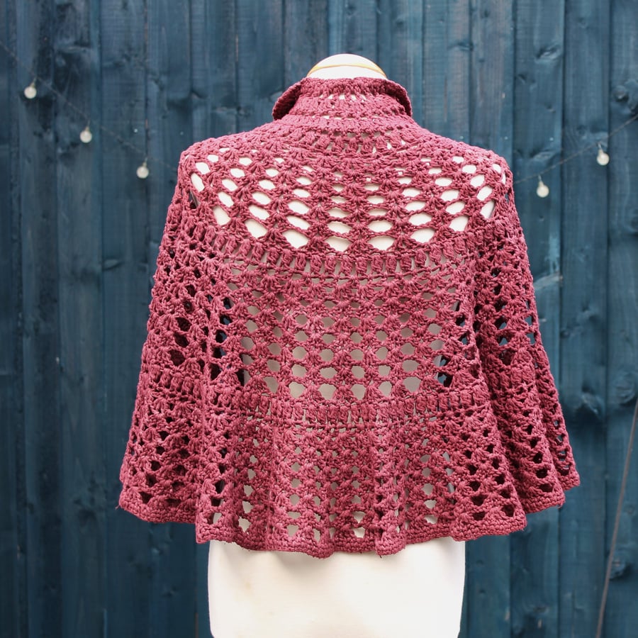 Crochet lace comfort shawl in burlesque red cotton - design A360