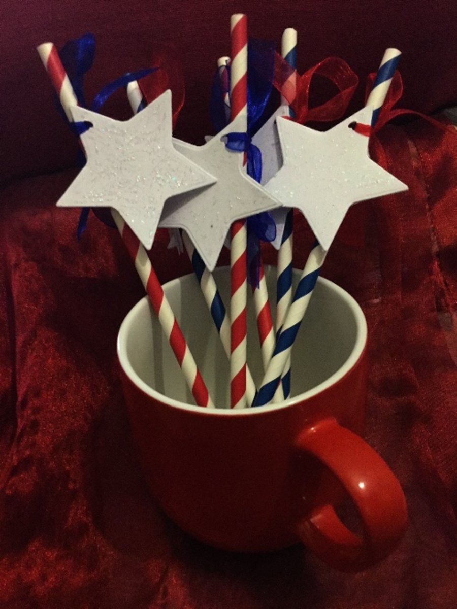 Stars And Stripes American Paper Straws Set of 6 - Blue and Red Striped 4th July