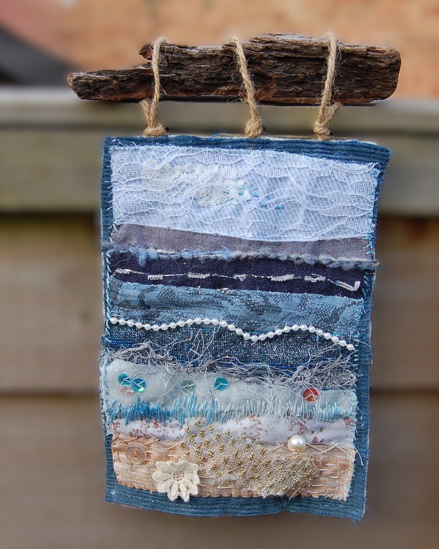Upcycled small wallhanging.  Slow Stitched Textile Art coastal scene. 