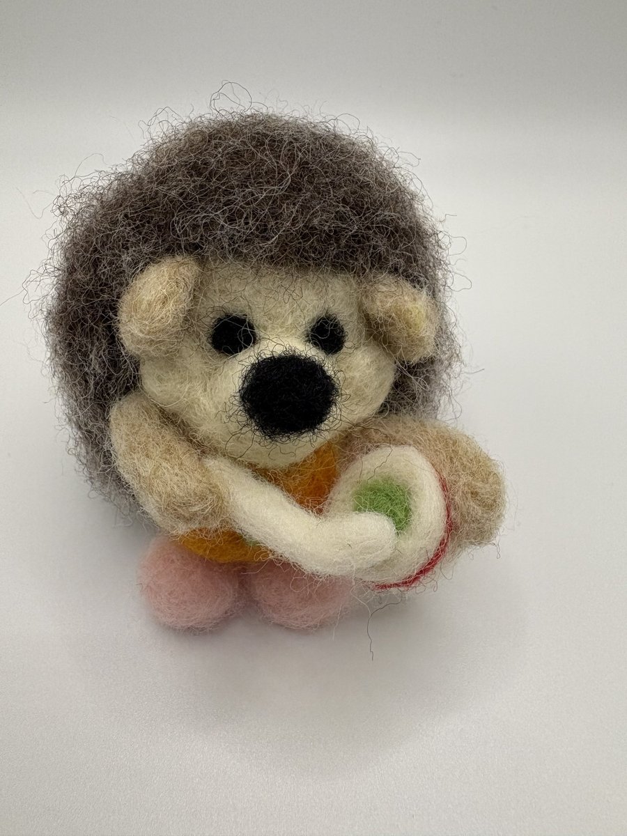 Handmade, Needle Felted, Pink Slippered, Baking Hedgehog. Bake off inspired.