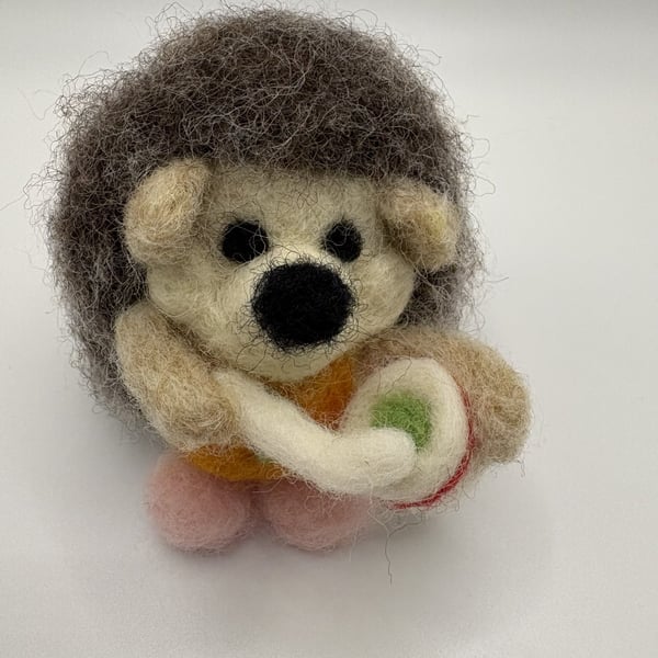 Handmade, Needle Felted, Pink Slippered, Baking Hedgehog. Bake off inspired.