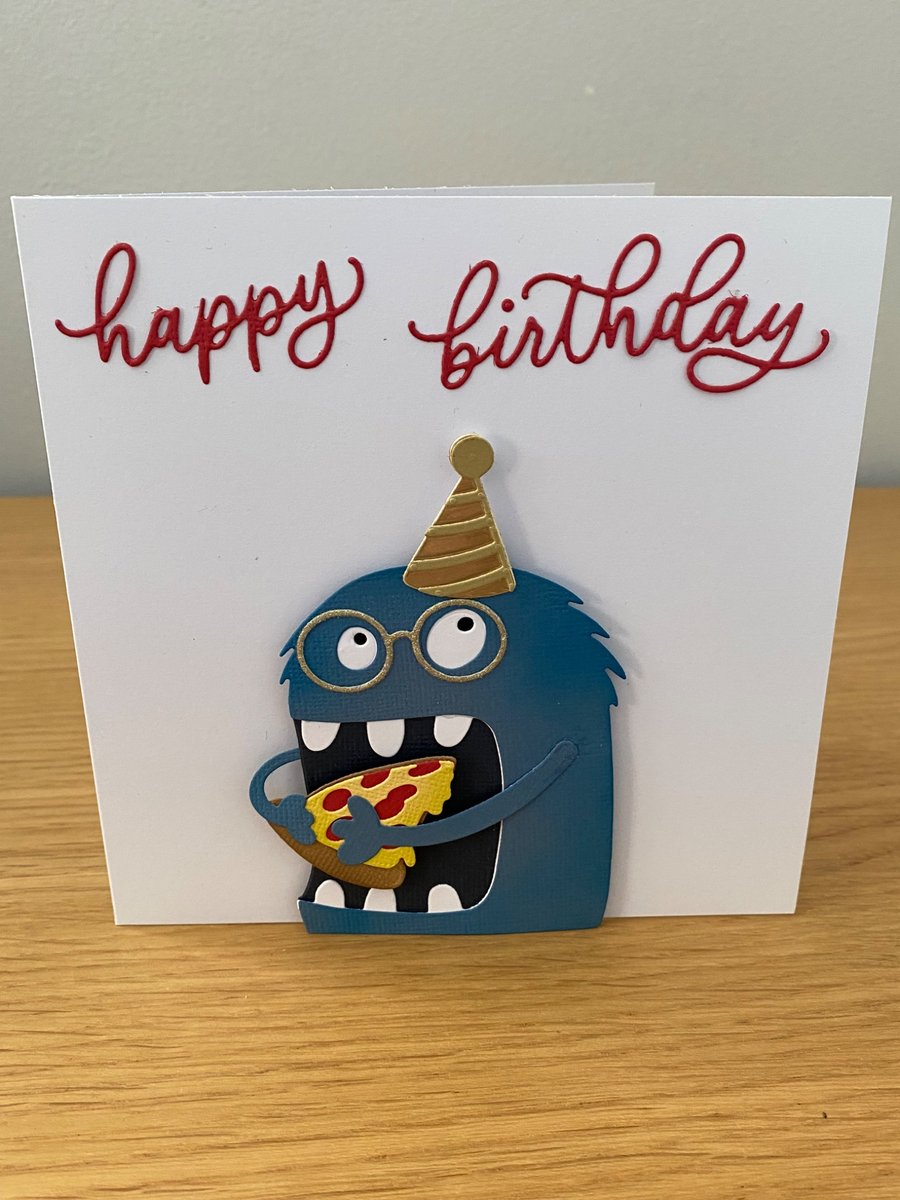 Handmade Monster Birthday Card  Pizza Party