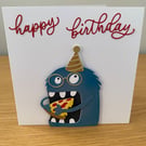 Handmade Monster Birthday Card  Pizza Party