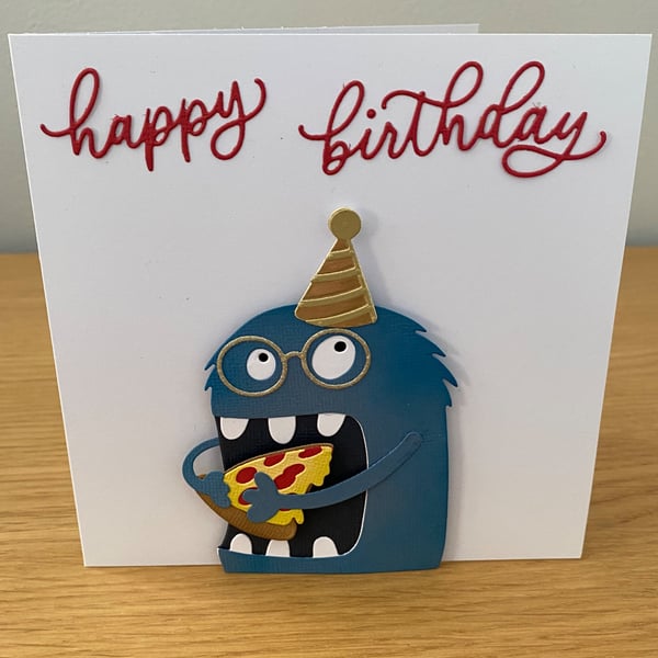 Handmade Monster Birthday Card  Pizza Party