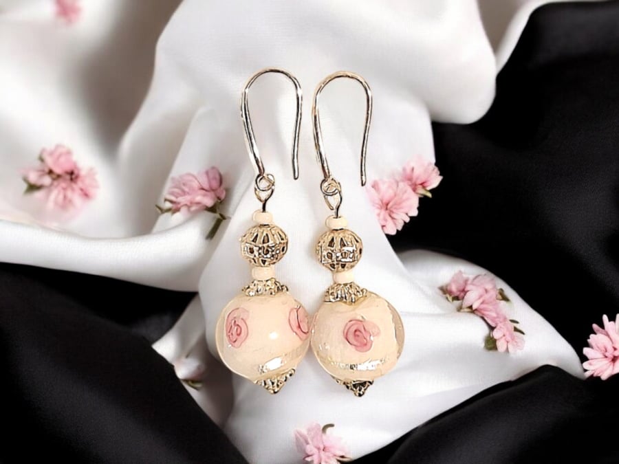 Rose Lampwork Glass Bead Earrings: Sterling Silver Flower Jewelry