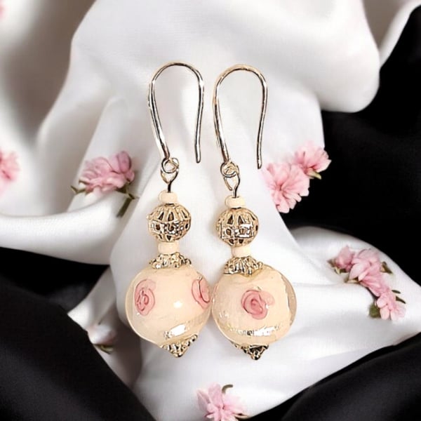 Rose Lampwork Glass Bead Earrings: Sterling Silver Flower Jewelry