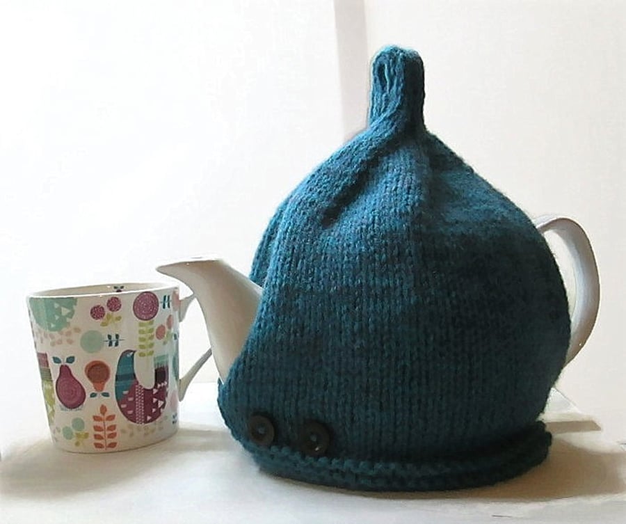 Tea Cosy in Deep Teal Green Aran Wool