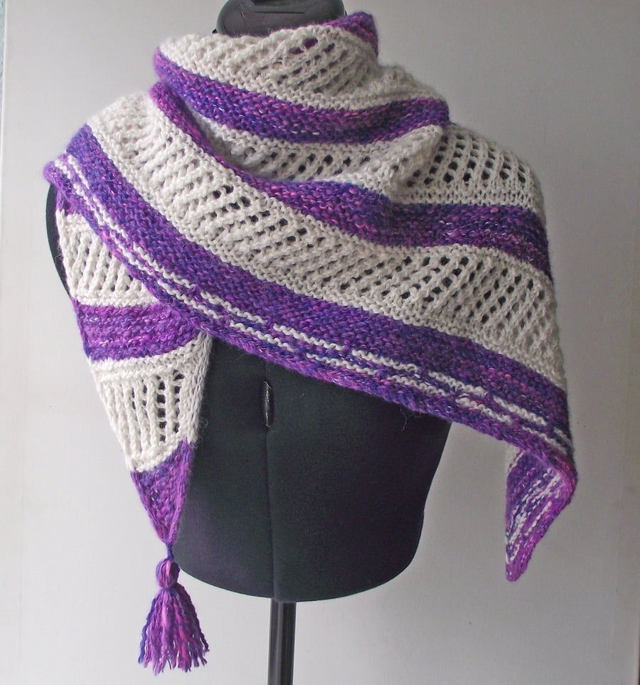 Handspun Knitted Shawl, Wrap or Scarf, Merino & Silk, White, Purple & Pink