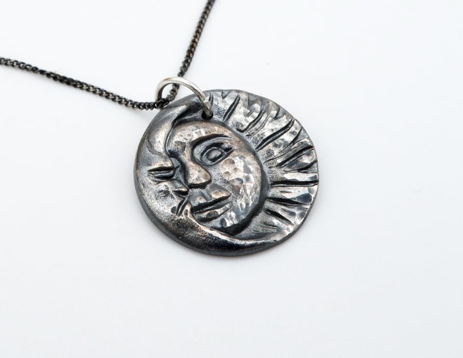 Solid Fine Recycled Silver Celestial Sun & Crescent Moon Charm Pendant Necklace 