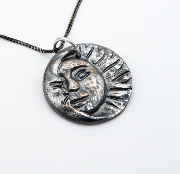 Solid Fine Recycled Silver Celestial Sun & Crescent Moon Charm Pendant Necklace 