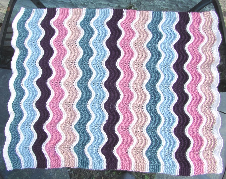 Hand knitt baby blanket, DK, Feather and Fan Stitch, multicoloured, 24 x 33 inch