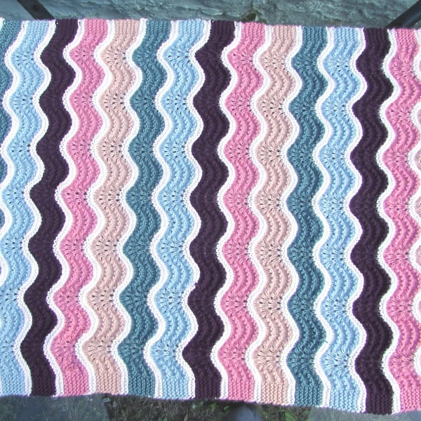 Hand knitt baby blanket, DK, Feather and Fan Stitch, multicoloured, 24 x 33 inch