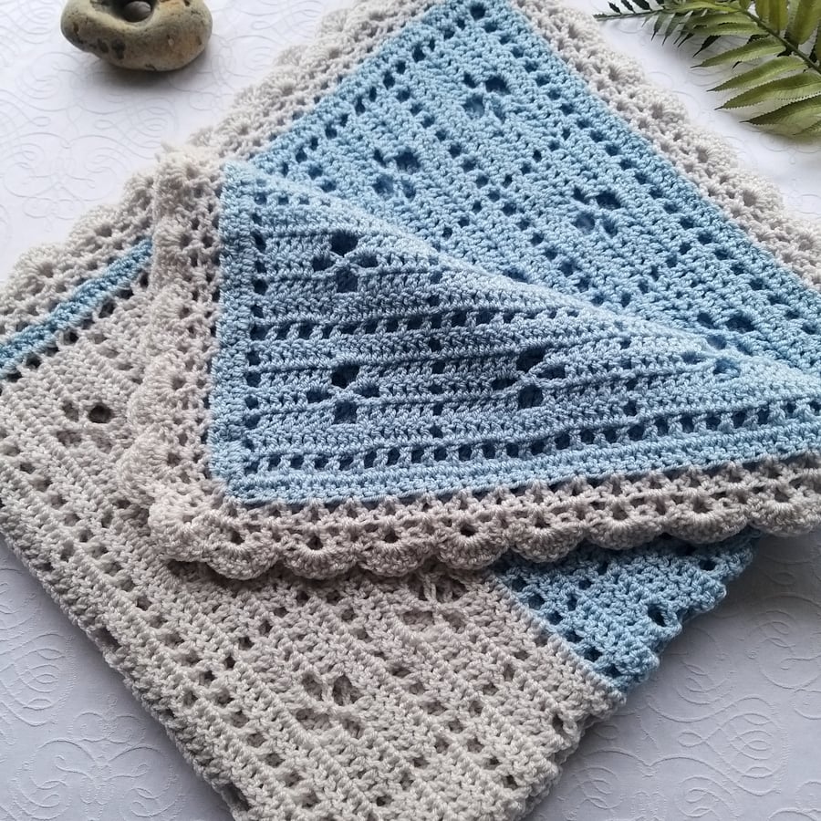 Sale Crochet Baby Blanket 'Call The Midwife' Baby Blue & Silver 