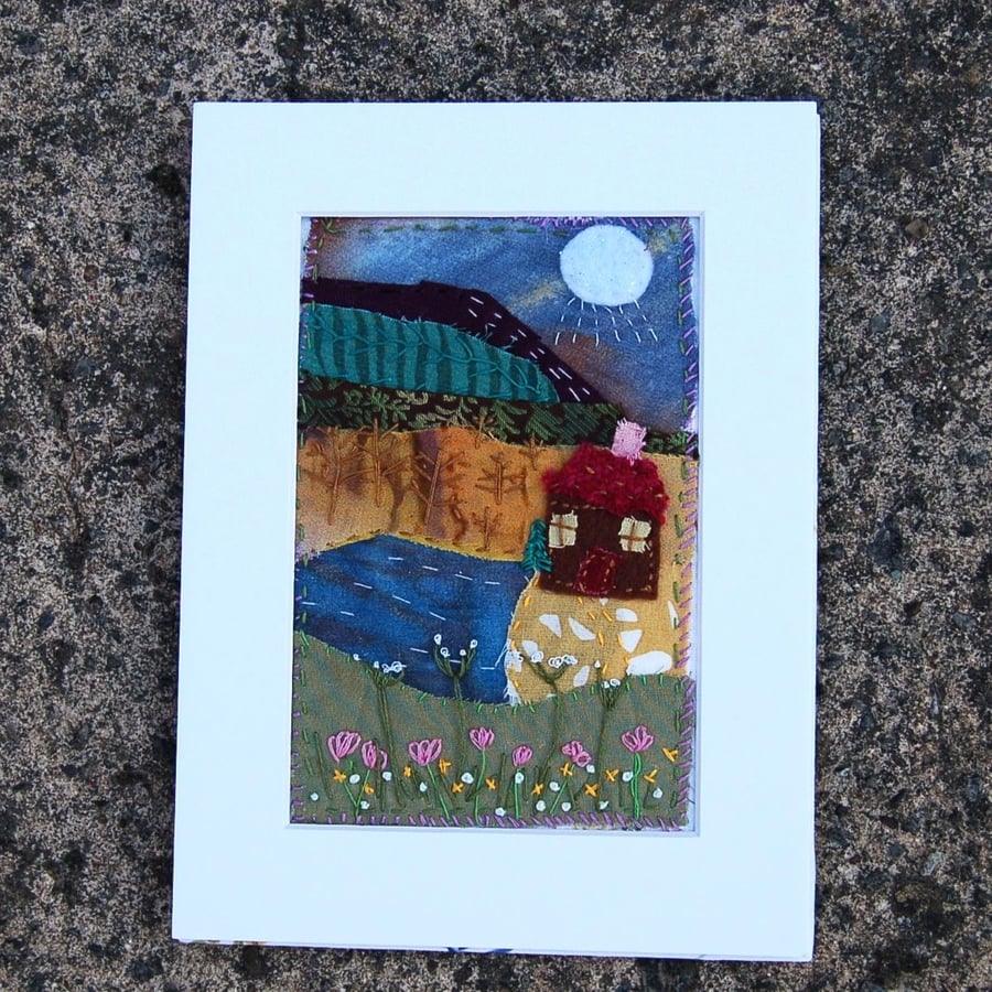 Textile landscape.  Upcycled fabric hand stitched picture 