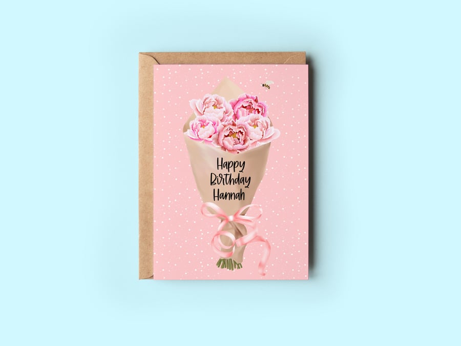 Personalised Peony Bouquet Birthday Card