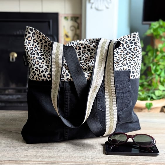 Oversized Upcycled Denim and Leopard Print X-Large Tote Bag