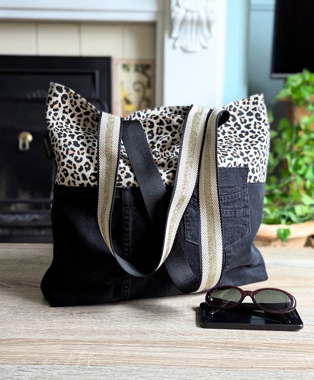 Oversized Upcycled Denim and Leopard Print X-Large Tote Bag