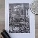 Delph Bridge, Saddleworth, limited edition linoprint 